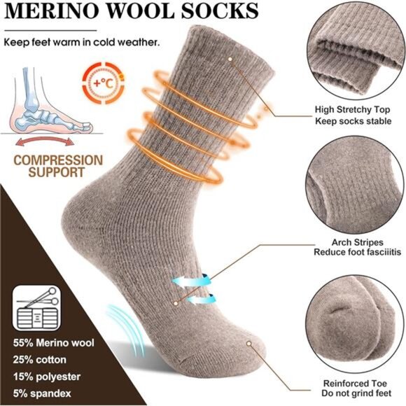 5 Pairs Women Merino Wool Socks Hiking Warm Winter Thick Thermal Crew - Picture 3 of 7